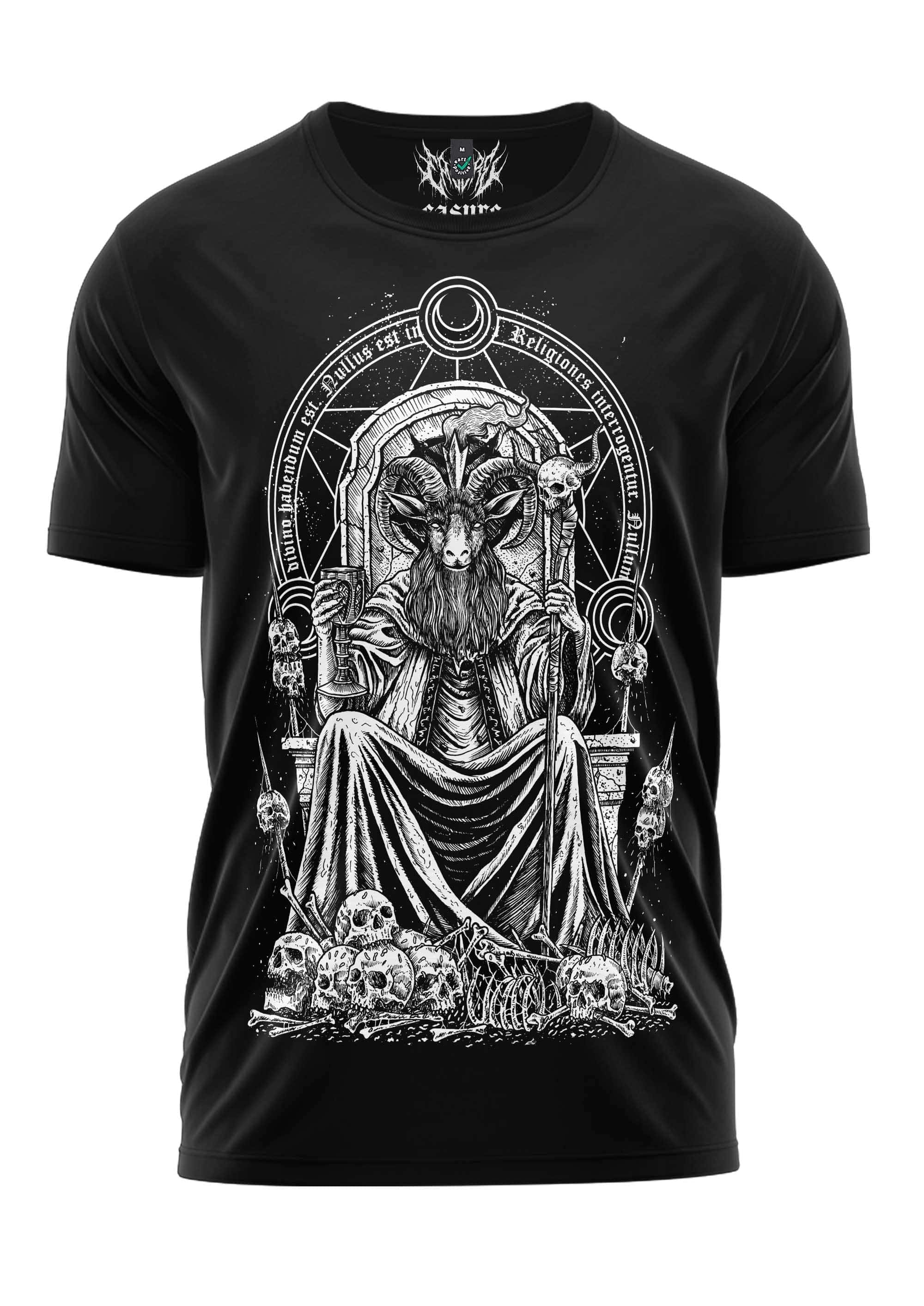 Schwarzes kurzarmshirt baphomets throne mit weißem, detailliertem gothic horror ziegengott-motiv auf thron